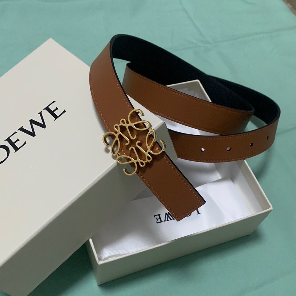 Loewe Tan Leather Belt with Gold Anagram Buckle